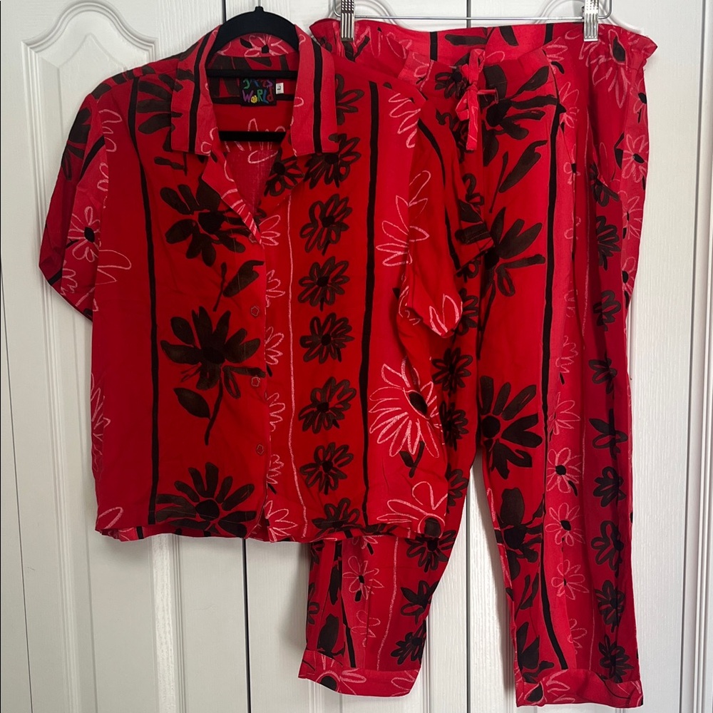Jams World Jolie Red and Black Hawaiian Floral Button up Shirt and Pants L/XS